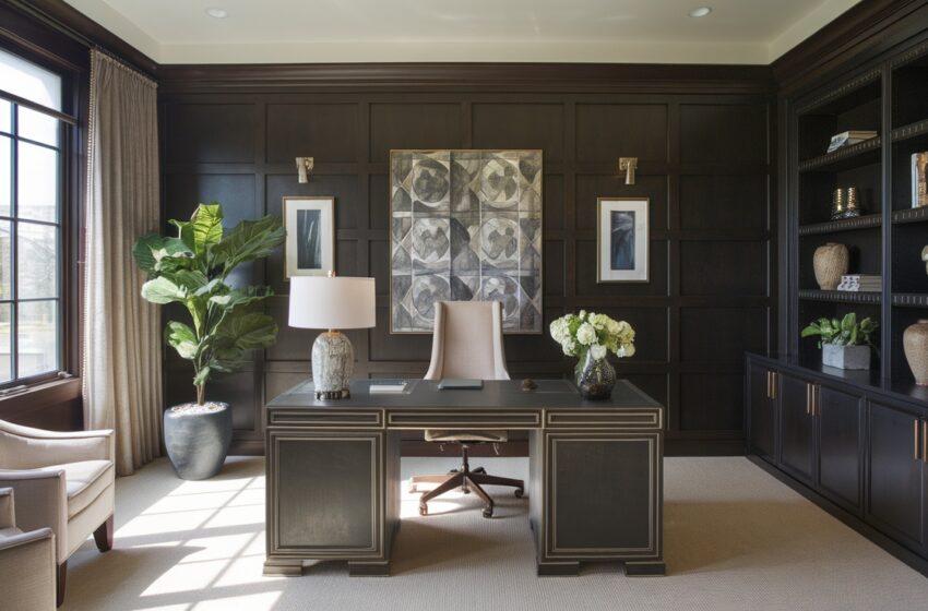 Sophisticated Home Office with Dark Wood Paneling