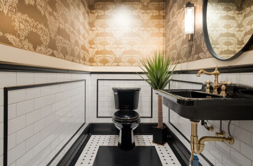 black white and gold bathroom