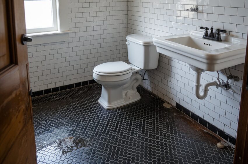 black and white penny tile bathroom